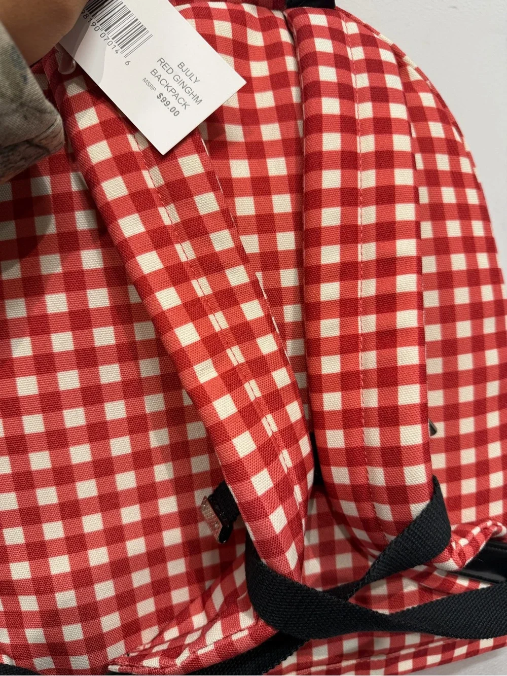 Steve Madden Red and Cream Gingham Backpack with Pom Charm